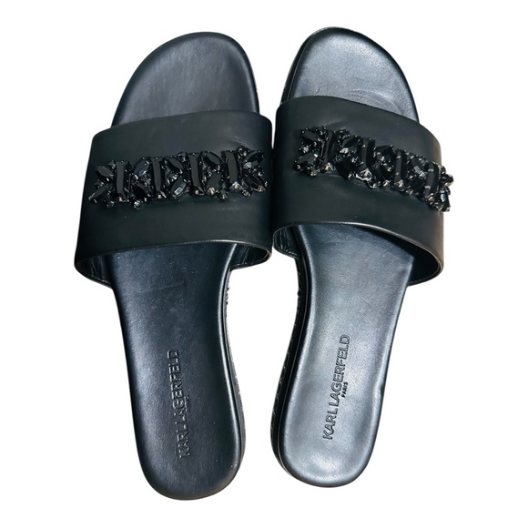 Karl Lagerfeld Paris Womens Bijou Leather Embellished Slide sandals - Picture 9 of 11